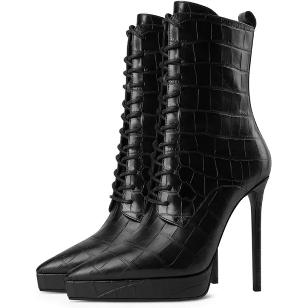imageFSJ Womens Platform Boots Stiletto High Heels Booties Lace Up Victorian Side Zipper Pointed Toe Mid Calf Ankle Boots Winter Sexy Dress Evening Short Boots Shoes Size 415 USBlack