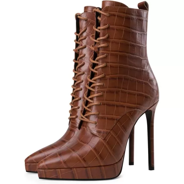 imageFSJ Womens Platform Boots Stiletto High Heels Booties Lace Up Victorian Side Zipper Pointed Toe Mid Calf Ankle Boots Winter Sexy Dress Evening Short Boots Shoes Size 415 USBrown