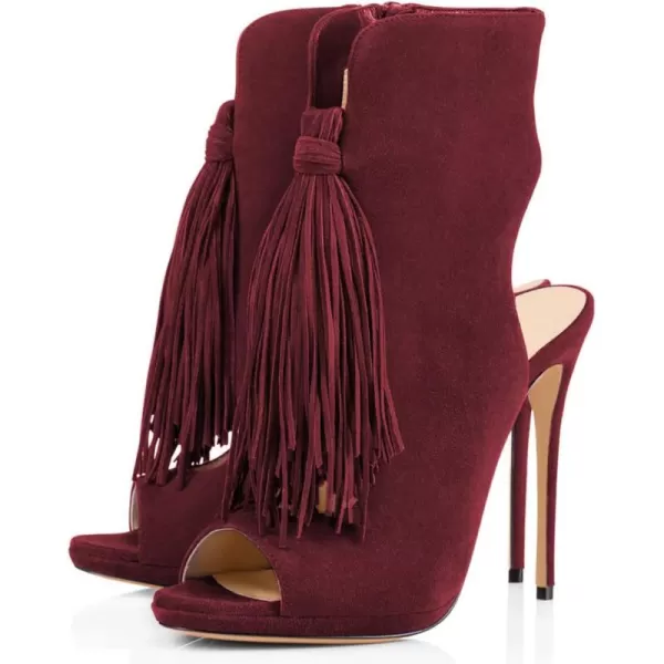 imageWomen Peep Toe Slingback High Heels Sandals Fringed Ankle Booties Chic Stilettos Tassels Shoes Size 415 USDark Red