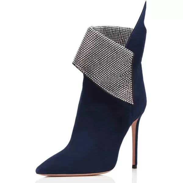 imageWomen Sexy Stiletto High Heels Ankle Boots Pointy Toe Pumps Rhinestones Faux Suede Shoes Size 415 USNavy Blue