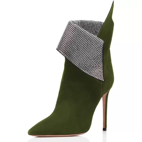 imageWomen Sexy Stiletto High Heels Ankle Boots Pointy Toe Pumps Rhinestones Faux Suede Shoes Size 415 USOlive Green