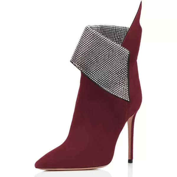 imageWomen Sexy Stiletto High Heels Ankle Boots Pointy Toe Pumps Rhinestones Faux Suede Shoes Size 415 USWine Red