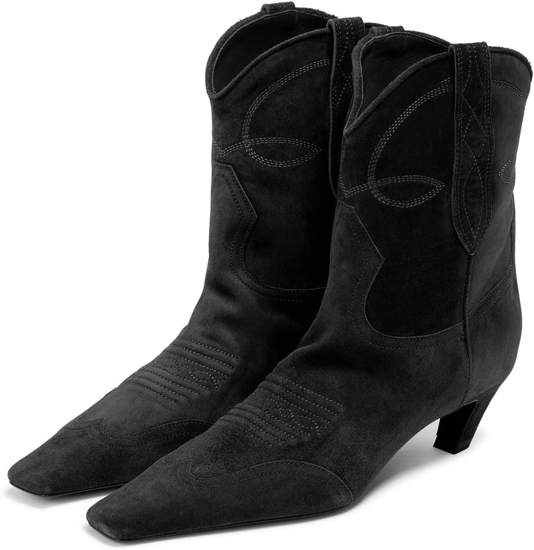 imageFSJ Women Square Toe Comfort Kitten Low Heel Ankle Boot Pull On Bootie Winter Cowgirl Cowboy Casual Dress Shoes Size 416 USVintage Black