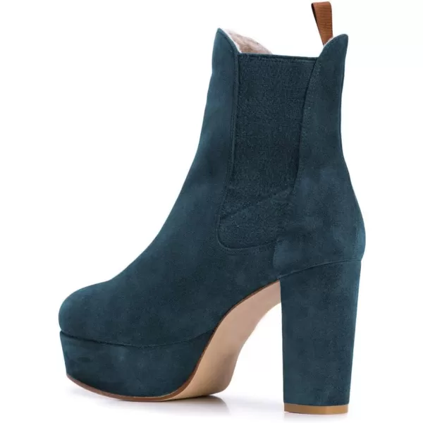 imageFSJ Women Comfy Platform Chelsea Ankle Booties Pull On Closed Toe Chunky High Heel Suede Warm Fur Snow Short Boots Ladies Fall Winter Dress Shoes Size 415 USBlue