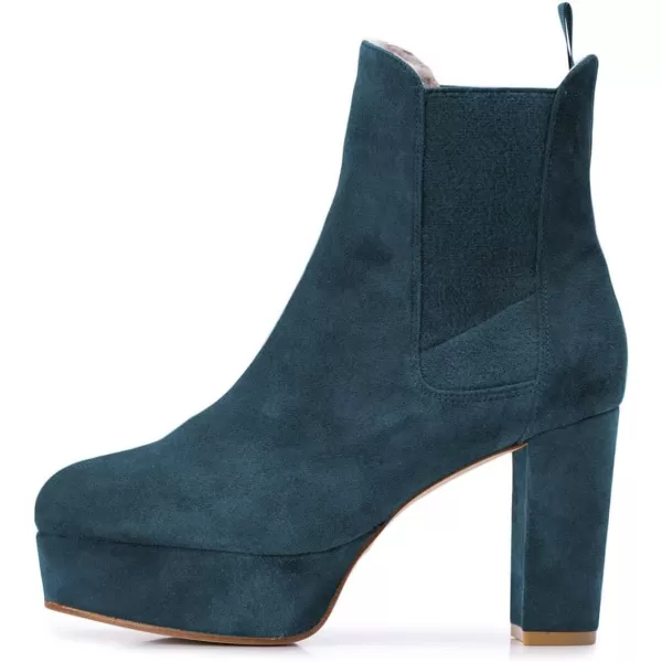 imageFSJ Women Comfy Platform Chelsea Ankle Booties Pull On Closed Toe Chunky High Heel Suede Warm Fur Snow Short Boots Ladies Fall Winter Dress Shoes Size 415 USBlue