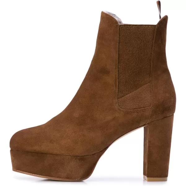 imageFSJ Women Comfy Platform Chelsea Ankle Booties Pull On Closed Toe Chunky High Heel Suede Warm Fur Snow Short Boots Ladies Fall Winter Dress Shoes Size 415 USBrown