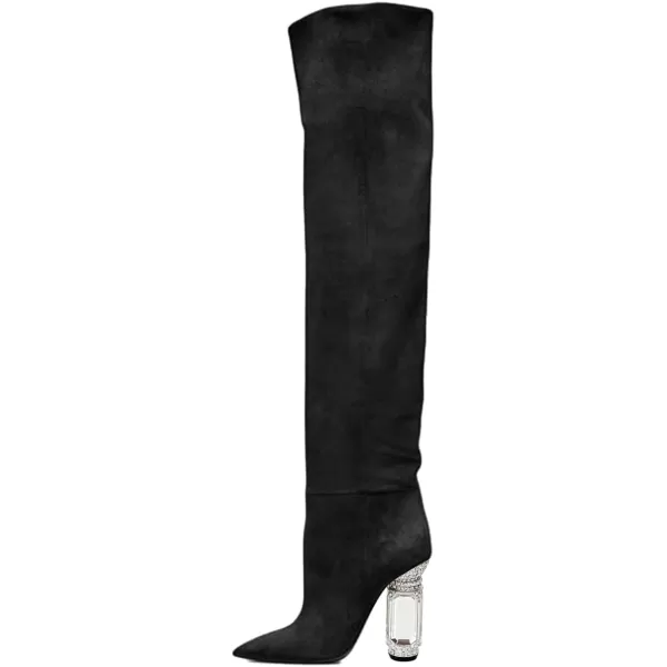 imageFSJ Women Over The Knee Boots Thigh High Crystal Chunky Heel Sparkly Rhinestone Closed Toe Stretch Long Boots Size 415 USBlack