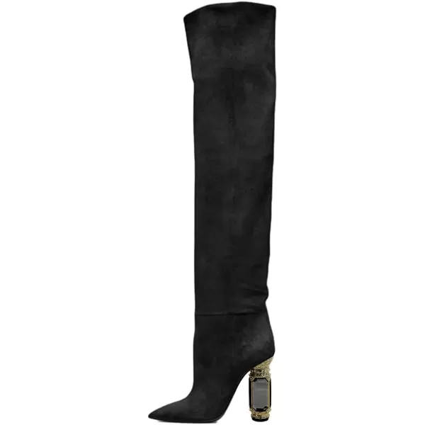 imageFSJ Women Over The Knee Boots Thigh High Crystal Chunky Heel Sparkly Rhinestone Closed Toe Stretch Long Boots Size 415 USBlack Heel