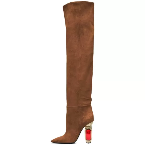 imageFSJ Women Over The Knee Boots Thigh High Crystal Chunky Heel Sparkly Rhinestone Closed Toe Stretch Long Boots Size 415 USBrown