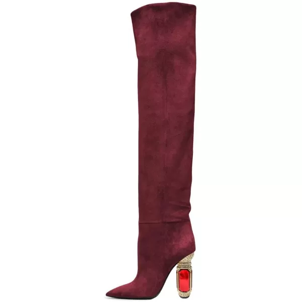 imageFSJ Women Over The Knee Boots Thigh High Crystal Chunky Heel Sparkly Rhinestone Closed Toe Stretch Long Boots Size 415 USBurgundy