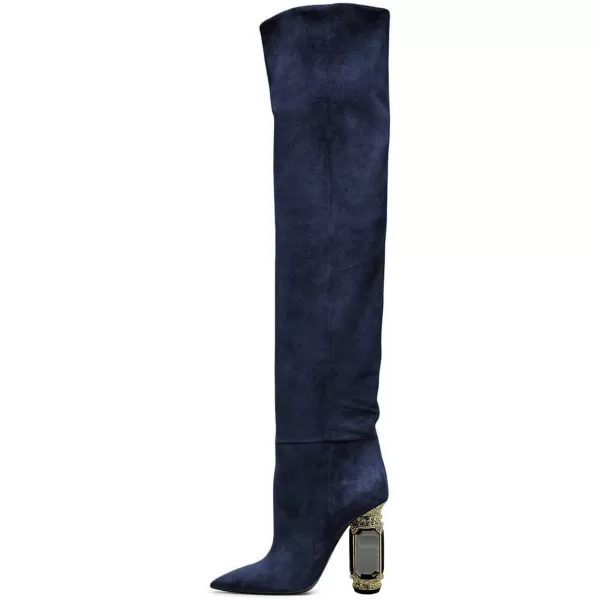 imageFSJ Women Over The Knee Boots Thigh High Crystal Chunky Heel Sparkly Rhinestone Closed Toe Stretch Long Boots Size 415 USNavy