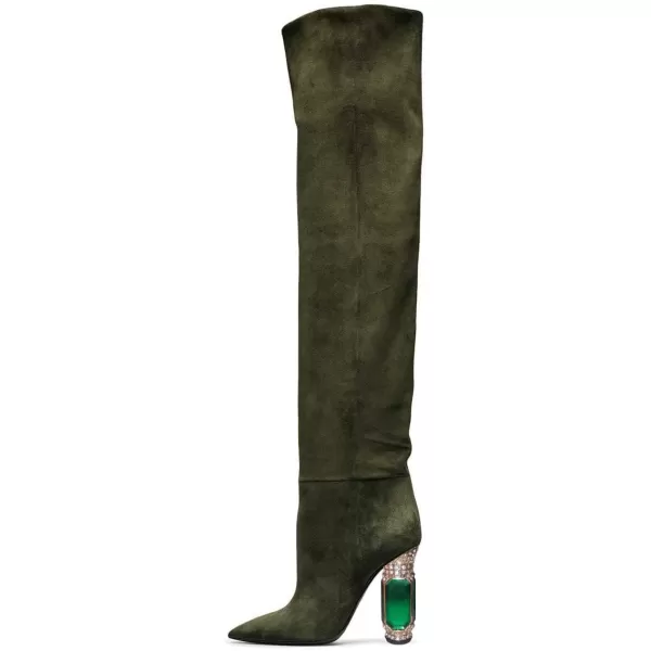 imageFSJ Women Over The Knee Boots Thigh High Crystal Chunky Heel Sparkly Rhinestone Closed Toe Stretch Long Boots Size 415 USOlive