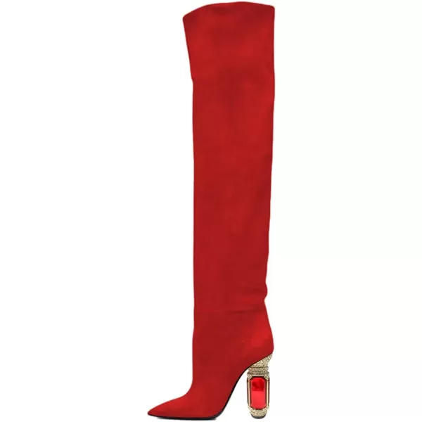 imageFSJ Women Over The Knee Boots Thigh High Crystal Chunky Heel Sparkly Rhinestone Closed Toe Stretch Long Boots Size 415 USRed