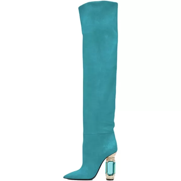 imageFSJ Women Over The Knee Boots Thigh High Crystal Chunky Heel Sparkly Rhinestone Closed Toe Stretch Long Boots Size 415 USTurquoise
