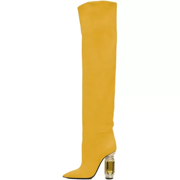 imageFSJ Women Over The Knee Boots Thigh High Crystal Chunky Heel Sparkly Rhinestone Closed Toe Stretch Long Boots Size 415 USYellow