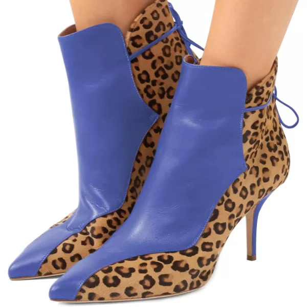 imageFSJ Women Sexy Leopard Ankle Boots Pointed Toe Stiletto Mid Heels Lace Up Booties Shoes Size 415 USBlue