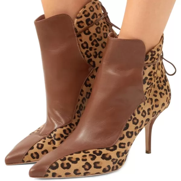 imageFSJ Women Sexy Leopard Ankle Boots Pointed Toe Stiletto Mid Heels Lace Up Booties Shoes Size 415 USBrown