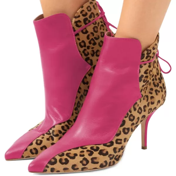 imageFSJ Women Sexy Leopard Ankle Boots Pointed Toe Stiletto Mid Heels Lace Up Booties Shoes Size 415 USFuchsia