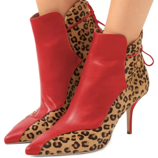imageFSJ Women Sexy Leopard Ankle Boots Pointed Toe Stiletto Mid Heels Lace Up Booties Shoes Size 415 USRed