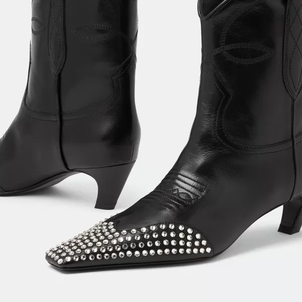 imageFSJ Women Square Toe Comfort Kitten Low Heel Ankle Boot Pull On Bootie Winter Cowgirl Cowboy Casual Dress Shoes Size 416 USBlack Rhinestones