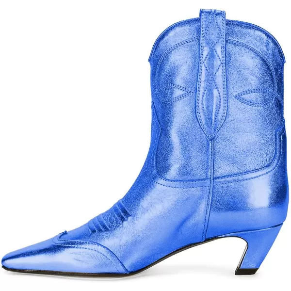 imageFSJ Women Square Toe Comfort Kitten Low Heel Ankle Boot Pull On Bootie Winter Cowgirl Cowboy Casual Dress Shoes Size 416 USBlue Metallic Leather