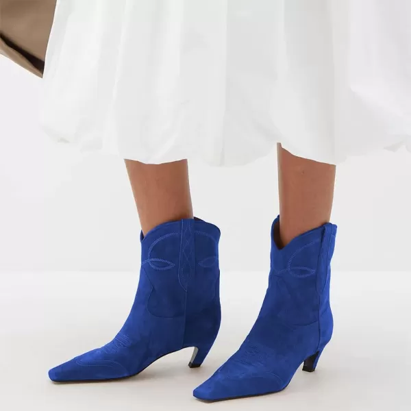 imageFSJ Women Square Toe Comfort Kitten Low Heel Ankle Boot Pull On Bootie Winter Cowgirl Cowboy Casual Dress Shoes Size 416 USBlue Suede