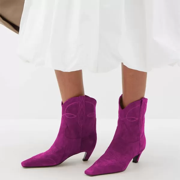 imageFSJ Women Square Toe Comfort Kitten Low Heel Ankle Boot Pull On Bootie Winter Cowgirl Cowboy Casual Dress Shoes Size 416 USFuchsia Suede