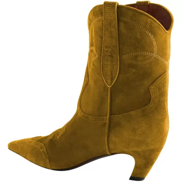 imageFSJ Women Square Toe Comfort Kitten Low Heel Ankle Boot Pull On Bootie Winter Cowgirl Cowboy Casual Dress Shoes Size 416 USGoldenrod Suede