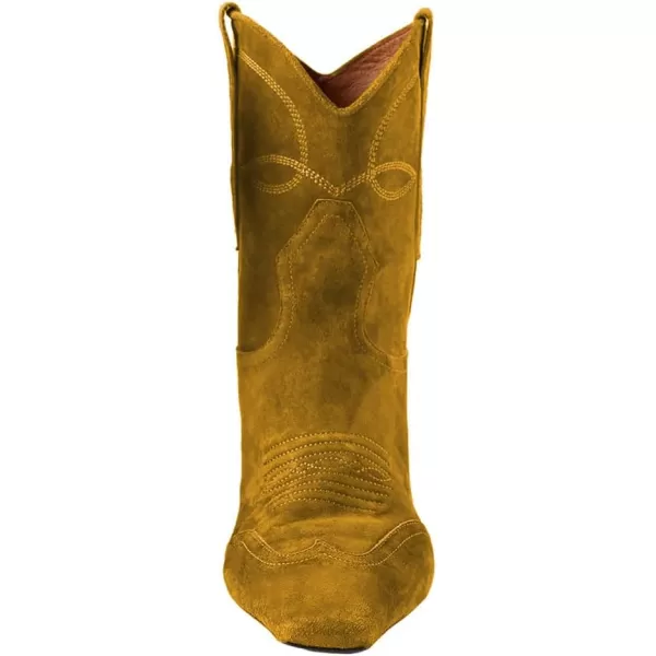 imageFSJ Women Square Toe Comfort Kitten Low Heel Ankle Boot Pull On Bootie Winter Cowgirl Cowboy Casual Dress Shoes Size 416 USGoldenrod Suede