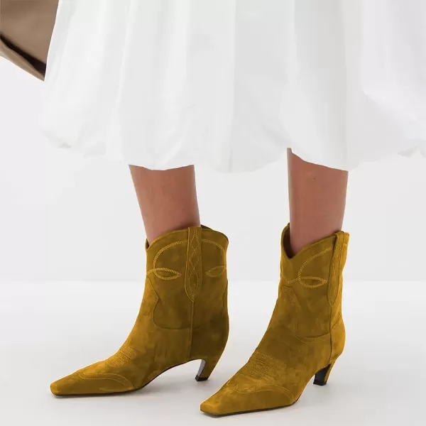 imageFSJ Women Square Toe Comfort Kitten Low Heel Ankle Boot Pull On Bootie Winter Cowgirl Cowboy Casual Dress Shoes Size 416 USGoldenrod Suede