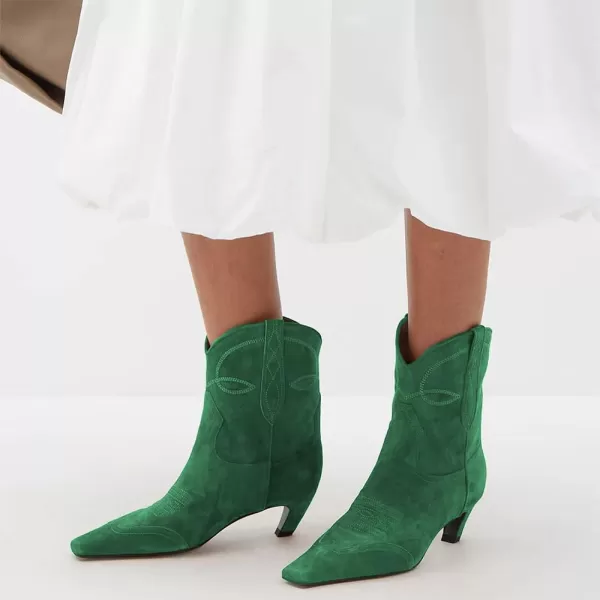 imageFSJ Women Square Toe Comfort Kitten Low Heel Ankle Boot Pull On Bootie Winter Cowgirl Cowboy Casual Dress Shoes Size 416 USGreen Suede