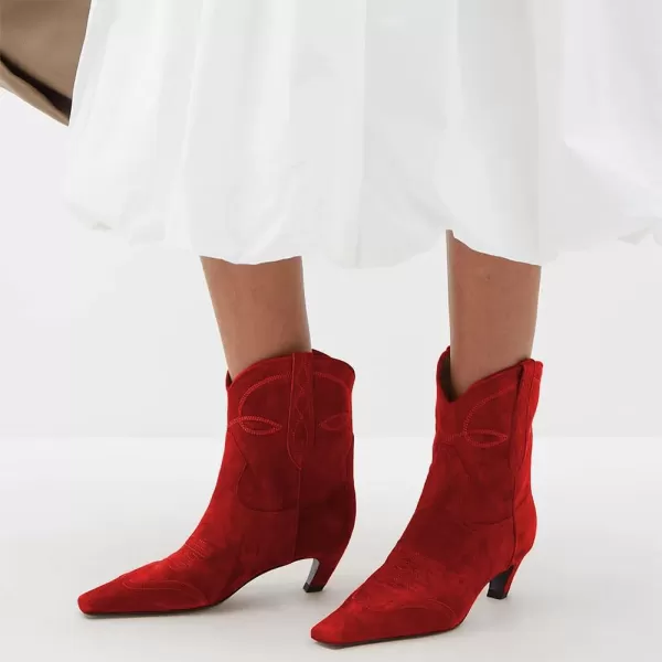 imageFSJ Women Square Toe Comfort Kitten Low Heel Ankle Boot Pull On Bootie Winter Cowgirl Cowboy Casual Dress Shoes Size 416 USRed Suede