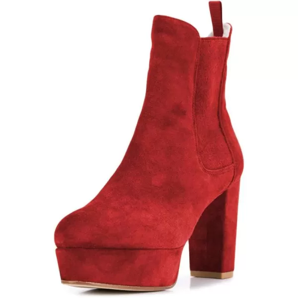 imageFSJ Women Comfy Platform Chelsea Ankle Booties Pull On Closed Toe Chunky High Heel Suede Warm Fur Snow Short Boots Ladies Fall Winter Dress Shoes Size 415 USRed