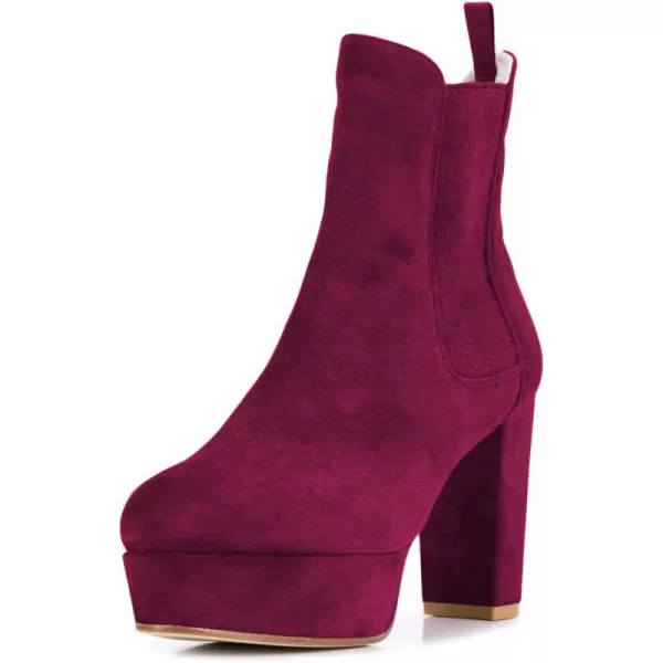 imageFSJ Women Comfy Platform Chelsea Ankle Booties Pull On Closed Toe Chunky High Heel Suede Warm Fur Snow Short Boots Ladies Fall Winter Dress Shoes Size 415 USWine Red