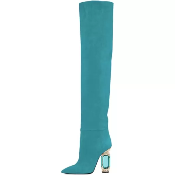 imageFSJ Women Over The Knee Boots Thigh High Crystal Chunky Heel Sparkly Rhinestone Closed Toe Stretch Long Boots Size 415 USTurquoise