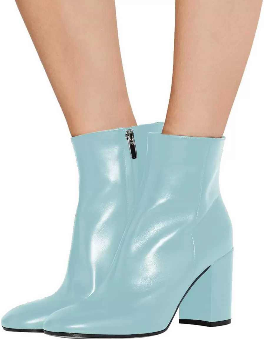imageFSJ Women Almond Toe Chunky Block High Heel Handmade Ankle Booties Elegant Ladies Casual Dress Daily Boots Size 415 USBaby Blue