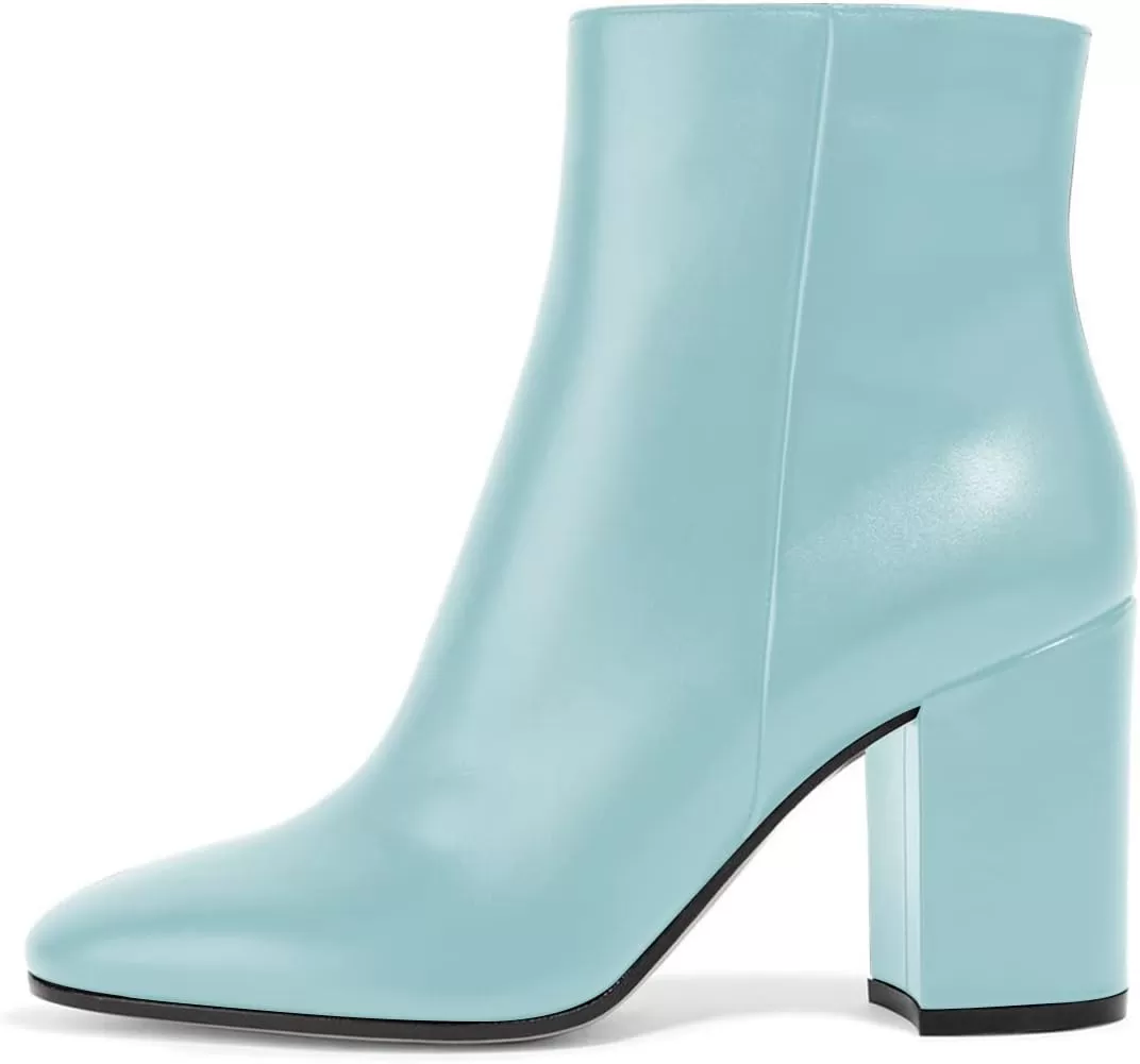 imageFSJ Women Almond Toe Chunky Block High Heel Handmade Ankle Booties Elegant Ladies Casual Dress Daily Boots Size 415 USBaby Blue