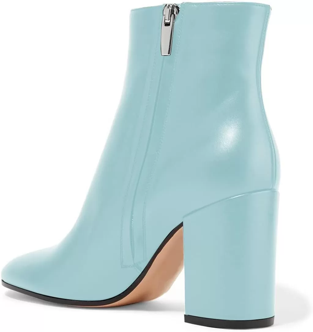 imageFSJ Women Almond Toe Chunky Block High Heel Handmade Ankle Booties Elegant Ladies Casual Dress Daily Boots Size 415 USBaby Blue