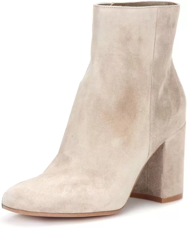 imageFSJ Women Almond Toe Chunky Block High Heel Handmade Ankle Booties Elegant Ladies Casual Dress Daily Boots Size 415 USBeige