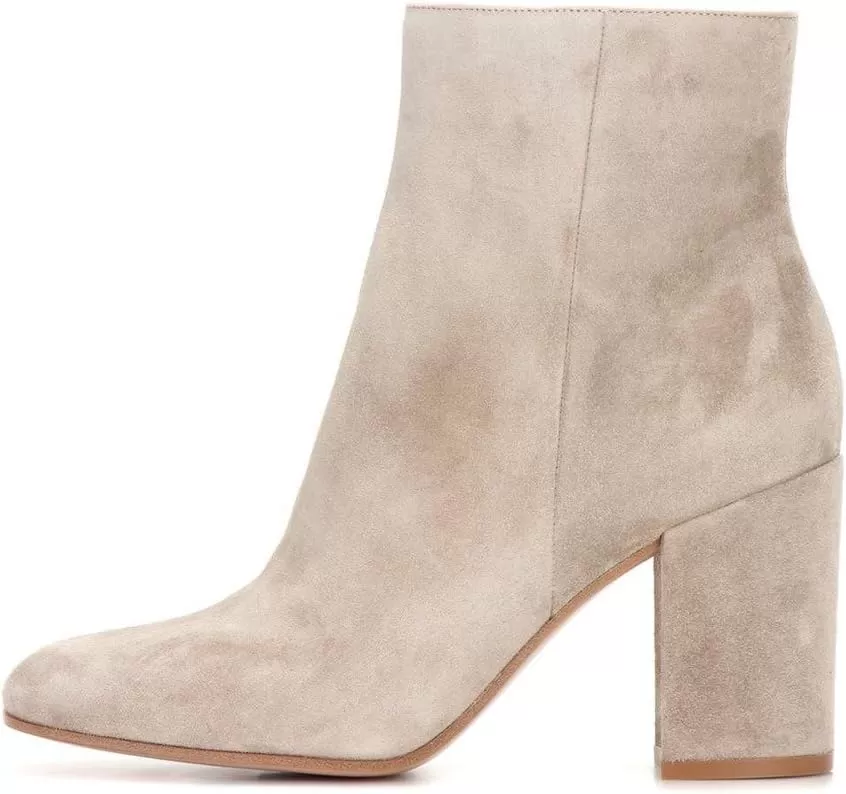 imageFSJ Women Almond Toe Chunky Block High Heel Handmade Ankle Booties Elegant Ladies Casual Dress Daily Boots Size 415 USBeige
