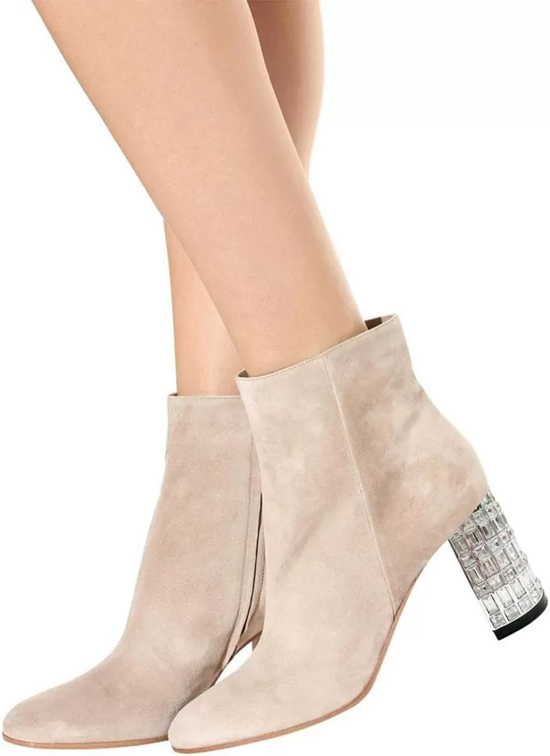 imageFSJ Women Almond Toe Chunky Block High Heel Handmade Ankle Booties Elegant Ladies Casual Dress Daily Boots Size 415 USBeige Crystal Heel