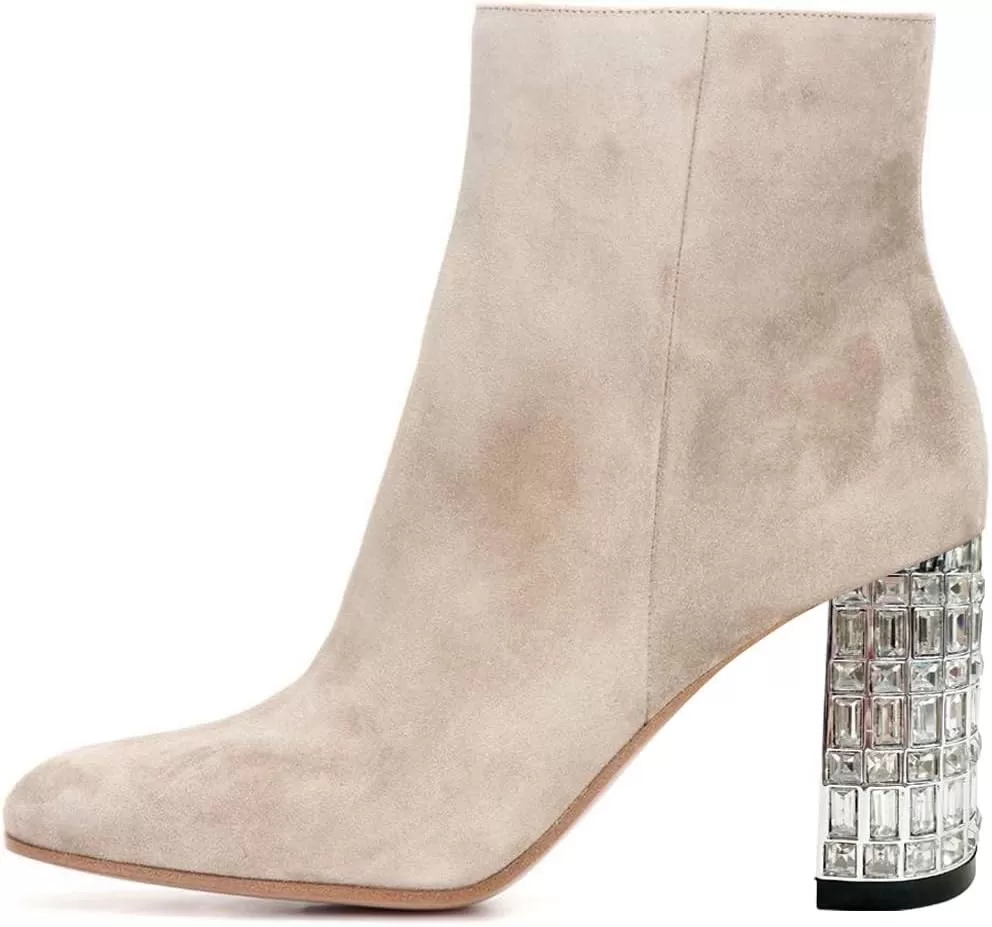 imageFSJ Women Almond Toe Chunky Block High Heel Handmade Ankle Booties Elegant Ladies Casual Dress Daily Boots Size 415 USBeige Crystal Heel