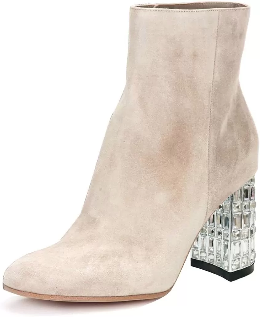 imageFSJ Women Almond Toe Chunky Block High Heel Handmade Ankle Booties Elegant Ladies Casual Dress Daily Boots Size 415 USBeige Crystal Heel