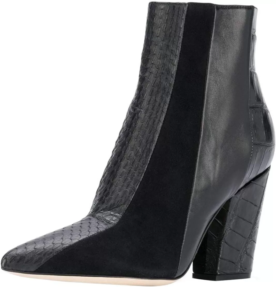 imageFSJ Women Almond Toe Chunky Block High Heel Handmade Ankle Booties Elegant Ladies Casual Dress Daily Boots Size 415 USBlack Animal Print