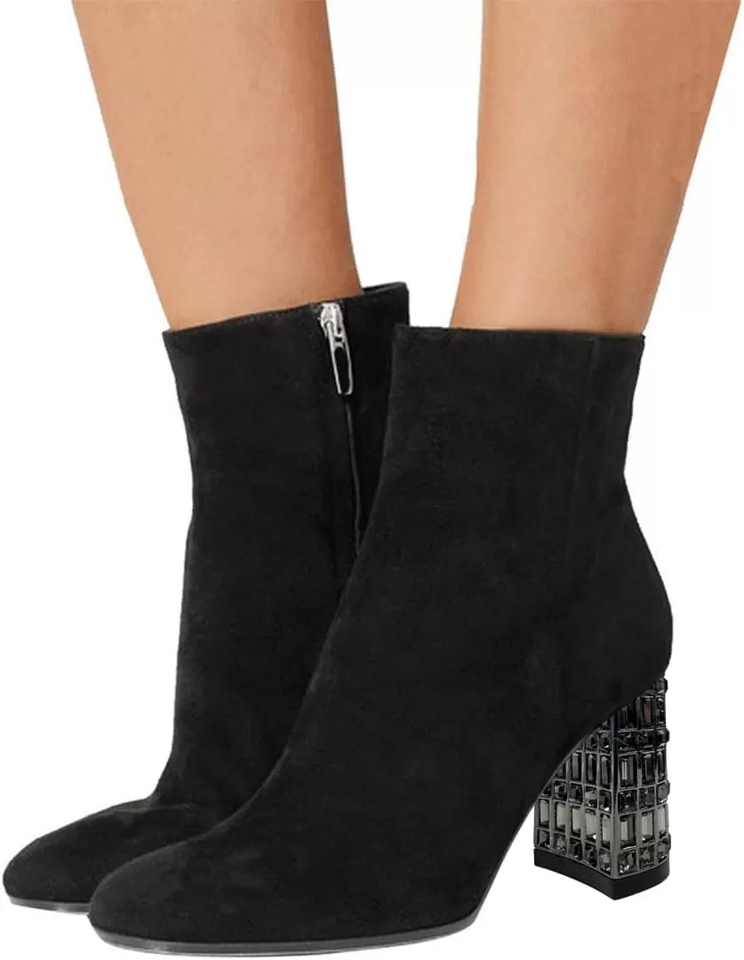 imageFSJ Women Almond Toe Chunky Block High Heel Handmade Ankle Booties Elegant Ladies Casual Dress Daily Boots Size 415 USBlack Crystal Heel