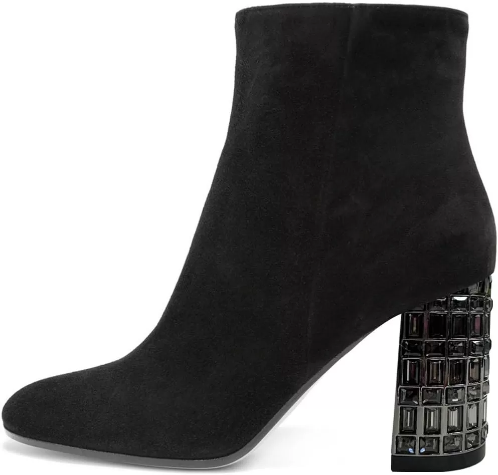 imageFSJ Women Almond Toe Chunky Block High Heel Handmade Ankle Booties Elegant Ladies Casual Dress Daily Boots Size 415 USBlack Crystal Heel