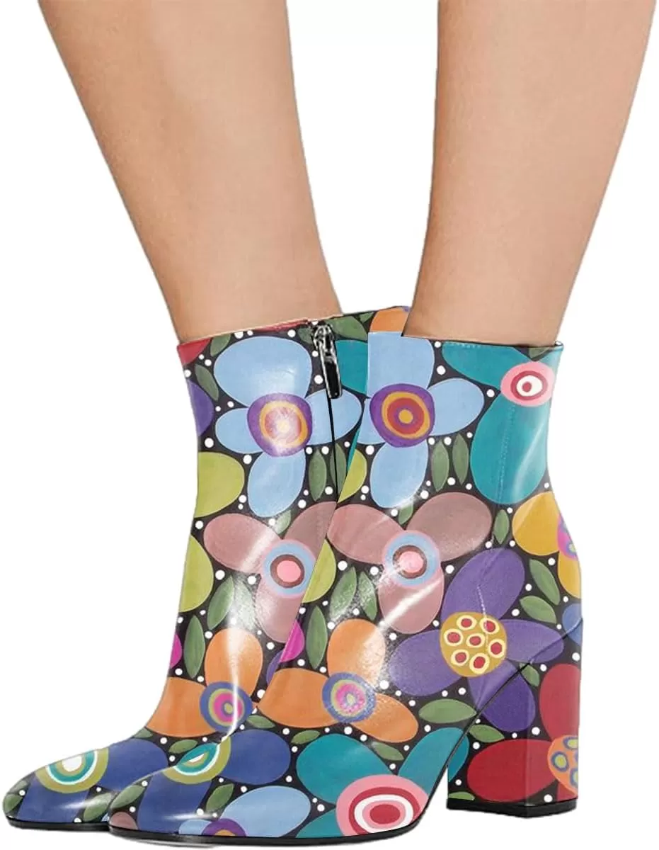 imageFSJ Women Almond Toe Chunky Block High Heel Handmade Ankle Booties Elegant Ladies Casual Dress Daily Boots Size 415 USFloral