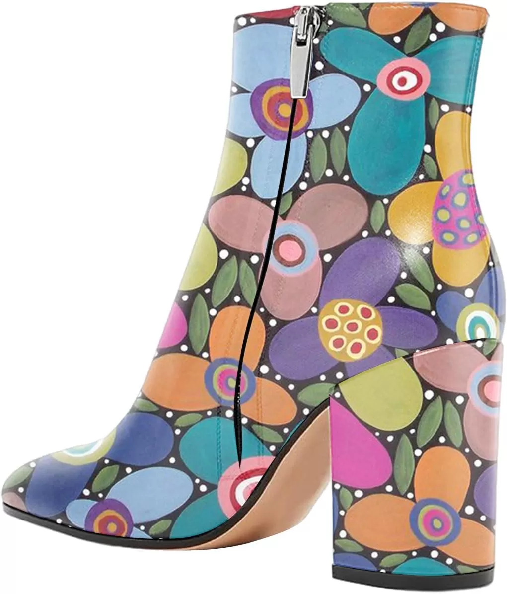 imageFSJ Women Almond Toe Chunky Block High Heel Handmade Ankle Booties Elegant Ladies Casual Dress Daily Boots Size 415 USFloral