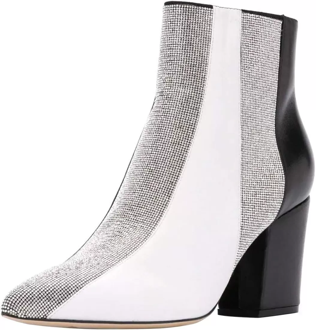 imageFSJ Women Almond Toe Chunky Block High Heel Handmade Ankle Booties Elegant Ladies Casual Dress Daily Boots Size 415 USGlitter Patchwork