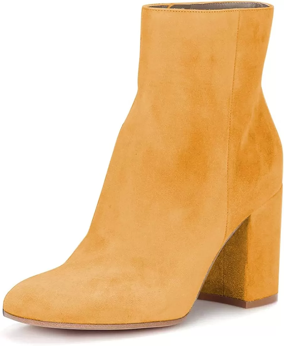 imageFSJ Women Almond Toe Chunky Block High Heel Handmade Ankle Booties Elegant Ladies Casual Dress Daily Boots Size 415 USGoldenrod
